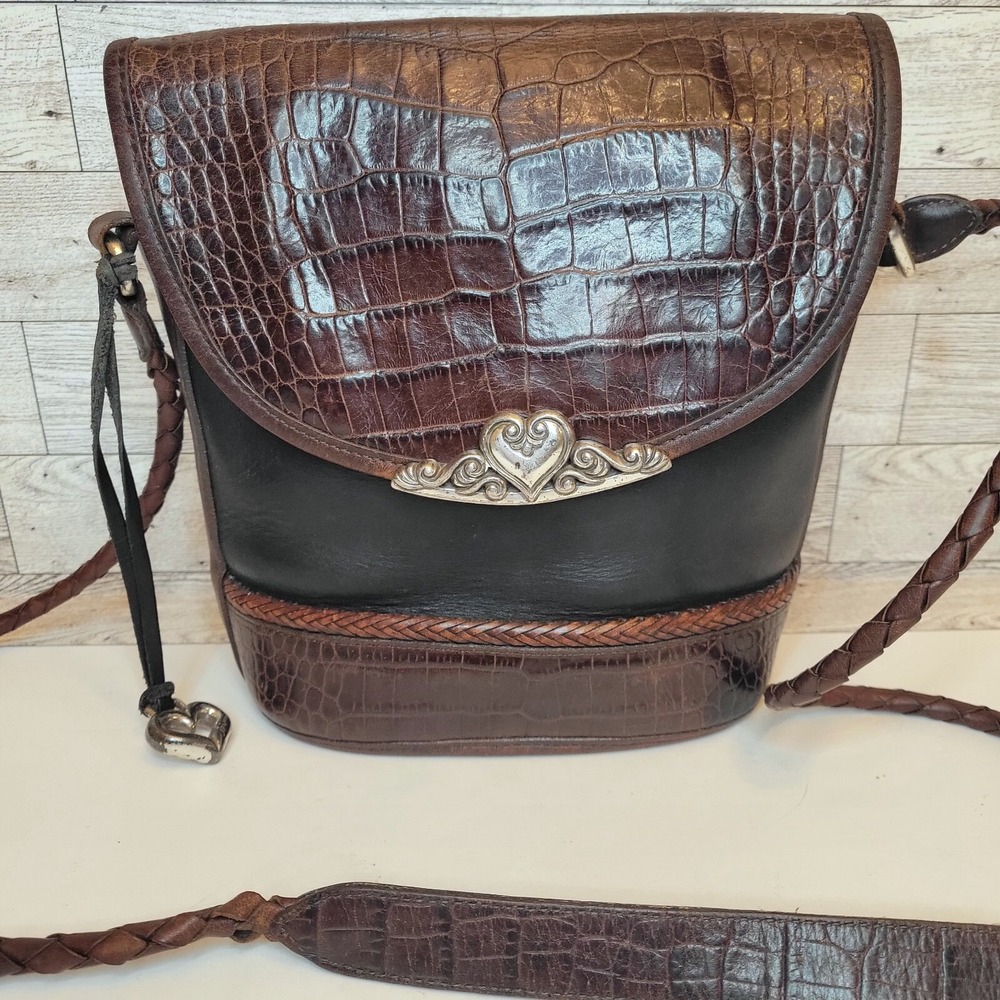 VTG Brighton Classic Brown Black Moc Crocodile Leather Shoulder Bag Crossbody - Picture 2 of 16